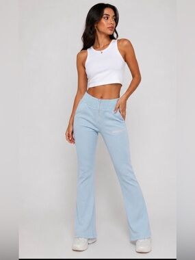 Manière De Voir Ribbed Flare Pants Blue High Waist NWT Size 8